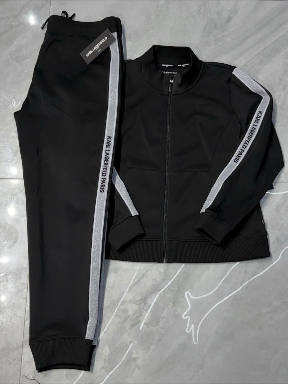 Karl Lagerfeld Black Track Jacket with Silver Side Stripes and matching pants
